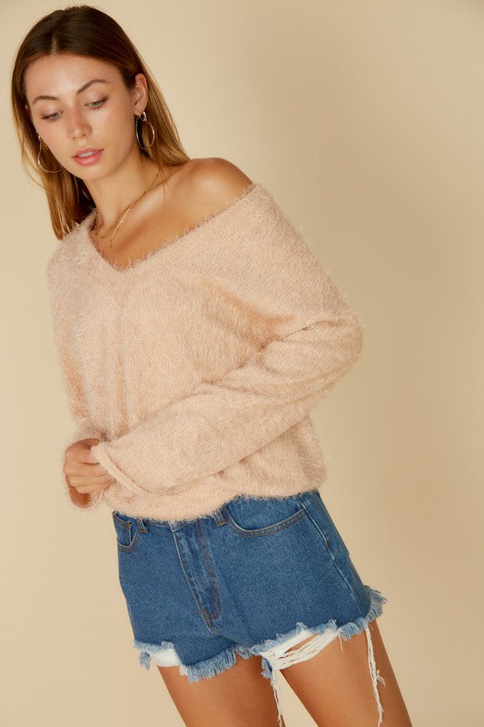 Fuzzy V-Neck Sweater - Taupe