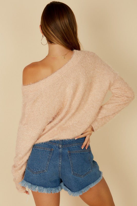 Fuzzy V-Neck Sweater - Taupe