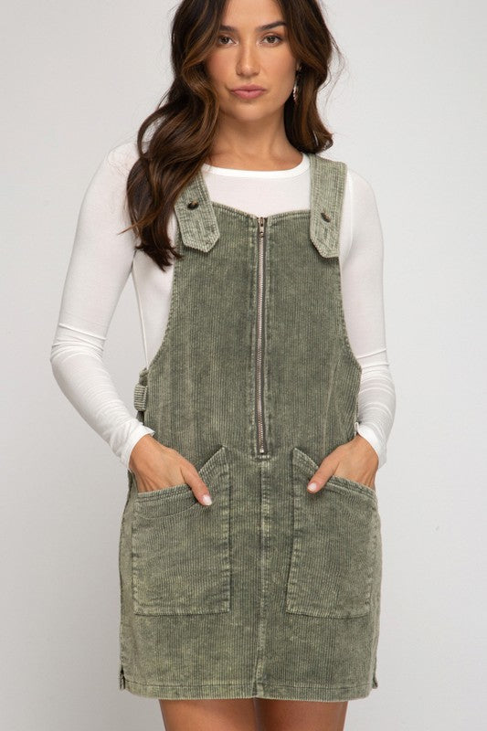 Washed Corduroy Overall Dress - Olive