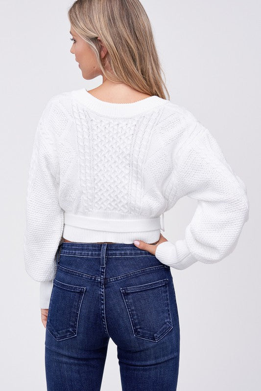 Cable Knit Tie Sweater - White