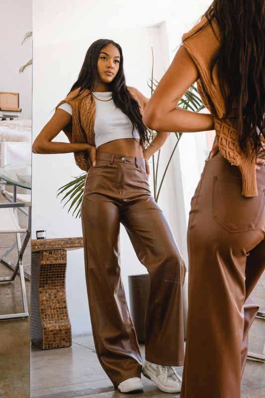 Cognac Leather Wide Leg Pants - Main Image
