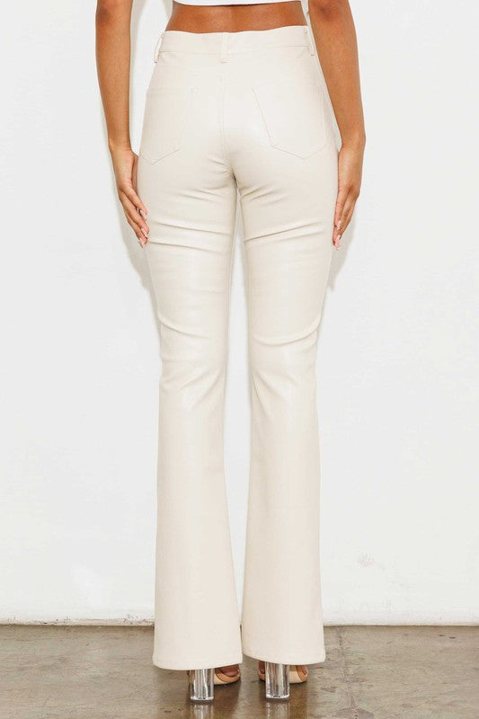Cream Leather Slit Pants