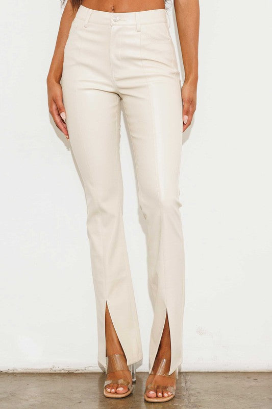 Cream Leather Slit Pants