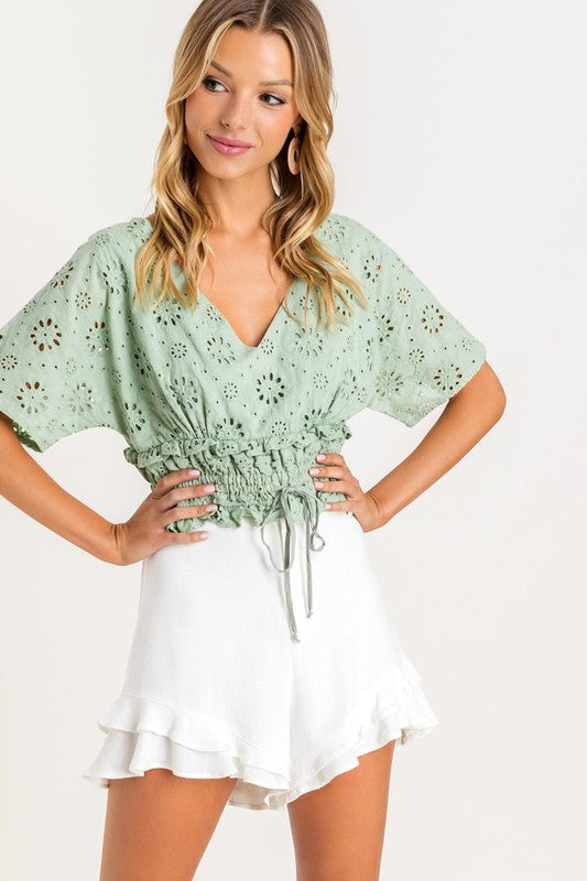 Eyelet Smocked Tie Top - Sage - FINAL SALE Casey Mae Boutique Eyelet Smocked Tie Top - Sage - FINAL SALE Casey Mae Boutique