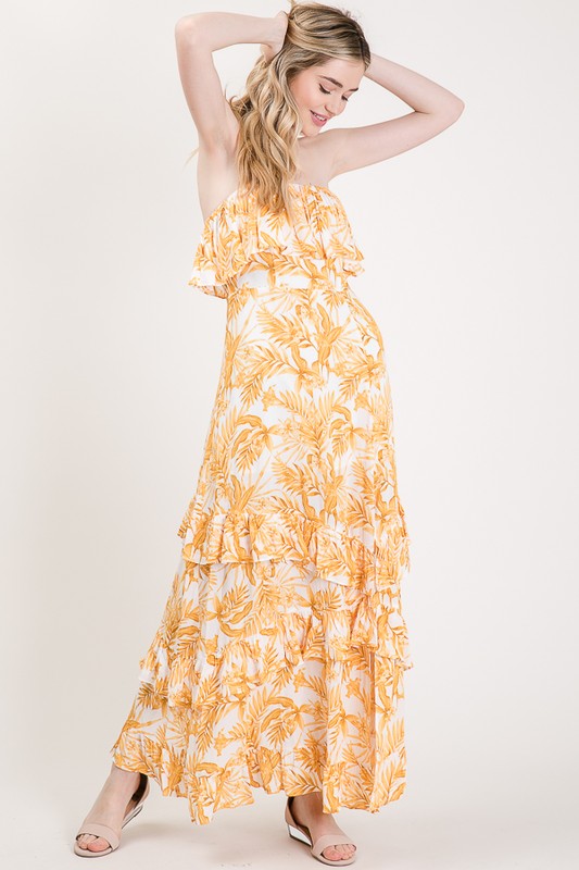 Yellow Palm Print Ruffle Maxi Dress